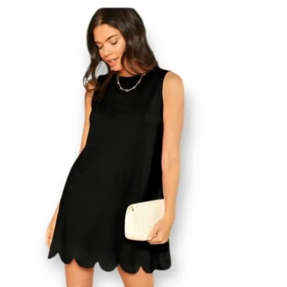 blue dress for baby girl Black Linen/Cotton Blend Scalloped Mini Dress main image 1